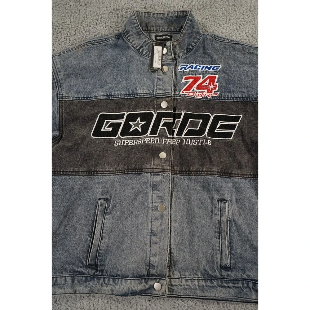 Pretty Little Thing Denim Jacket Womens 12 Blue Distressed Racing Button Up Logo